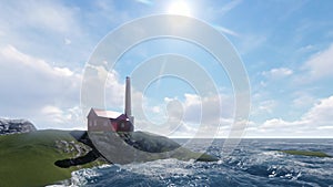 Gold lighthouse with dramatic clouds on red background. Winter frozen cold ice. Dramatic sky.