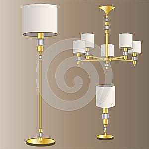 Gold lighting fixtures with white shades. Classic. A set of lamps from the palace. Floor lamp, chandelier, table lamps. Isolated v