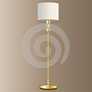 Gold lighting fixtures with white shades. Classic. A set of lamps from the palace. Floor lamp, chandelier, table lamps. Isolated v