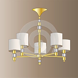 Gold lighting fixtures with white shades. Classic. A set of lamps from the palace. Floor lamp, chandelier, table lamps. Isolated v