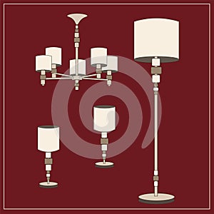 Gold lighting fixtures with white shades. Classic. A set of lamps from the palace. Floor lamp, chandelier, table lamps. Isolated v