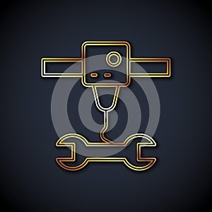 Gold line 3D printer wrench spanner icon isolated on black background. 3d printing. Vector