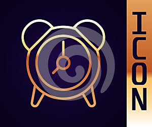 Gold line Alarm clock icon isolated on black background. Wake up, get up concept. Time sign. Vector