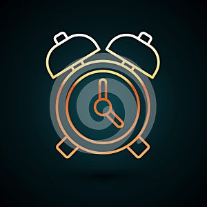 Gold line Alarm clock icon isolated on dark blue background. Wake up, get up concept. Time sign. Vector