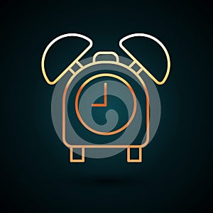 Gold line Alarm clock icon isolated on dark blue background. Wake up, get up concept. Time sign. Vector