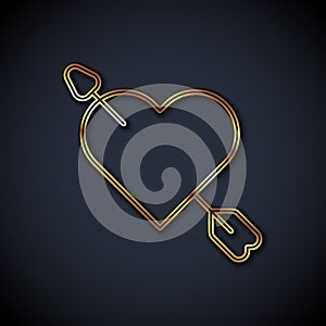 Gold line Amour symbol with heart and arrow icon isolated on black background. Love sign. Happy Valentines day. Vector