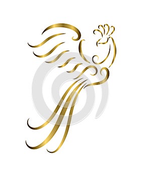 Gold line art of a phoenix bird with beautiful wings. Curled floral ornament decoration. Good use for symbol, mascot, icon, avatar