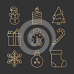 Gold line christmas icons set