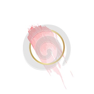 Gold line circle frame with pink brush strokes, on a white background.