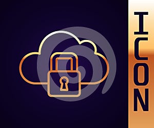 Gold line Cloud computing lock icon isolated on black background. Security, safety, protection concept. Protection of