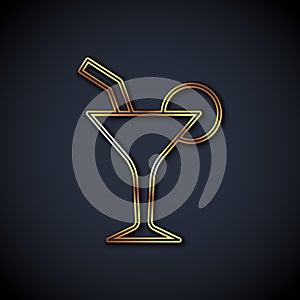 Gold line Cocktail and alcohol drink icon isolated on black background. Vector