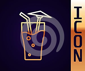 Gold line Cocktail and alcohol drink with umbrella icon isolated on black background. Vector