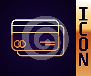 Gold line Credit card icon isolated on black background. Online payment. Cash withdrawal. Financial operations. Shopping