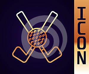 Gold line Crossed golf club with ball icon isolated on black background. Vector
