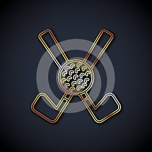 Gold line Crossed golf club with ball icon isolated on black background. Vector