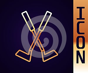 Gold line Crossed golf club icon isolated on black background. Vector