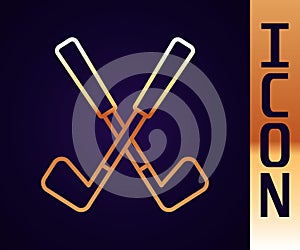 Gold line Crossed golf club icon isolated on black background. Vector