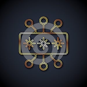 Gold line Cyber security icon isolated on black background. Closed padlock on digital circuit board. Safety concept