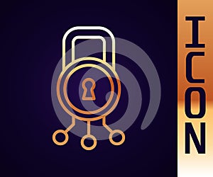 Gold line Cyber security icon isolated on black background. Closed padlock on digital circuit board. Safety concept