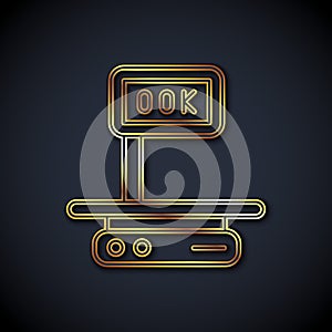 Gold line Electronic scales icon isolated on black background. Weight for food. Weighing process in store or supermarket