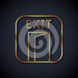 Gold line Fire exit icon isolated on black background. Fire emergency icon. Vector