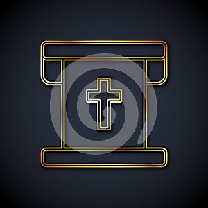 Gold line Flag with christian cross icon isolated on black background. Vector