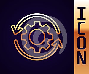 Gold line Gear and arrows as workflow concept icon isolated on black background. Gear reload sign. Vector Illustration