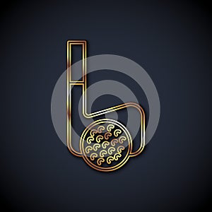 Gold line Golf club with ball icon isolated on black background. Vector