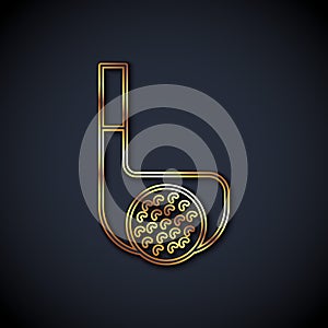 Gold line Golf club with ball icon isolated on black background. Vector