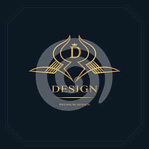 Gold Line graphics monogram. Elegant art logo design. Letter D. Graceful template. Business sign, identity for Restaurant, Royalty