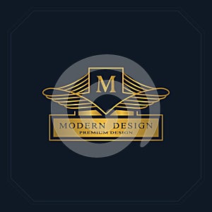 Gold Line graphics monogram. Elegant art logo design. Letter M. Graceful template. Business sign, identity for Restaurant, Royalty