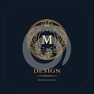 Gold Line graphics monogram. Elegant art logo design. Letter M. Graceful template. Business sign, identity for Restaurant, Royalty