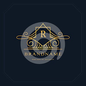 Gold Line graphics monogram. Elegant art logo design. Letter R. Graceful template. Business sign, identity for Restaurant, Royalty