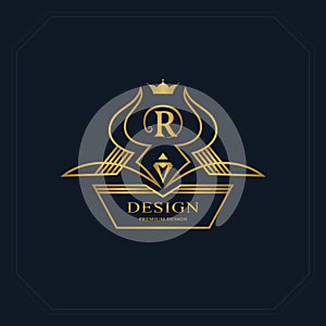 Gold Line graphics monogram. Elegant art logo design. Letter R. Graceful template. Business sign, identity for Restaurant, Royalty