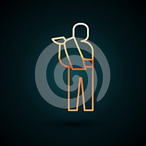 Gold line Human broken arm icon isolated on dark blue background. Injured man in bandage. Vector