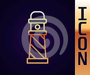 Gold line Lighthouse icon isolated on black background. Vector Illustration