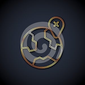 Gold line Location on the globe icon isolated on black background. World or Earth sign. Vector