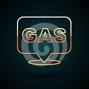 Gold line Location and petrol or gas station icon isolated on dark blue background. Car fuel symbol. Gasoline pump