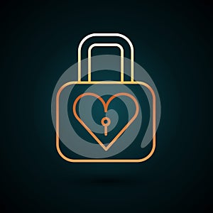 Gold line Lock and heart icon isolated on dark blue background. Locked Heart. Love symbol and keyhole sign. Valentines