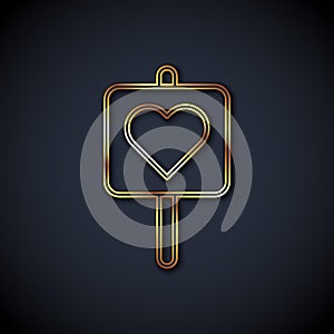 Gold line Map pointer with heart icon isolated on black background. Valentines day. Love location. Romantic map pin