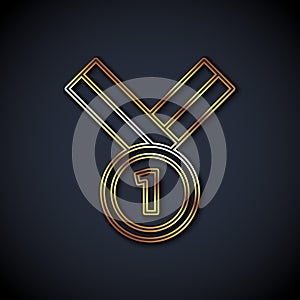 Gold line Medal golf icon isolated on black background. Winner achievement sign. Award medal. Vector