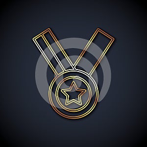 Gold line Medal icon isolated on black background. Winner achievement sign. Award medal. Vector