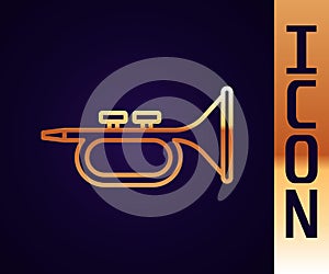 Gold line Musical instrument trumpet icon isolated on black background. Vector