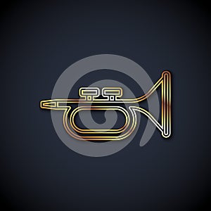 Gold line Musical instrument trumpet icon isolated on black background. Vector