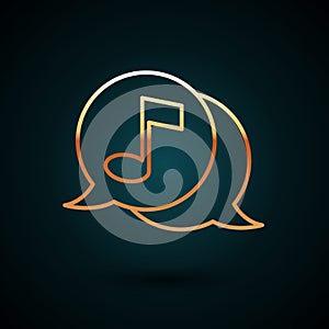 Gold line Musical note in speech bubble icon isolated on dark blue background. Music and sound concept. Vector