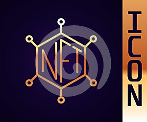 Gold line NFT blockchain technology icon isolated on black background. Non fungible token. Digital crypto art concept