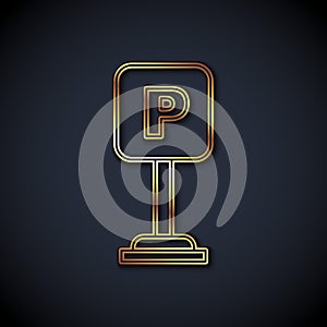 Gold line Parking icon isolated on black background. Street road sign. Vector