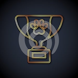 Gold line Pet award symbol icon isolated on black background. Medal with dog footprint as pets exhibition winner concept