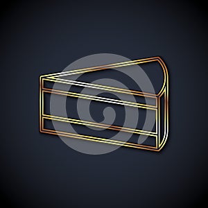 Gold line Piece of cake icon isolated on black background. Happy Birthday. Vector