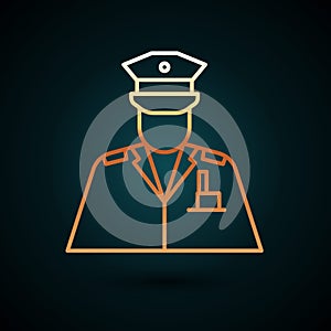 Gold line Police officer icon isolated on dark blue background. Vector Illustration